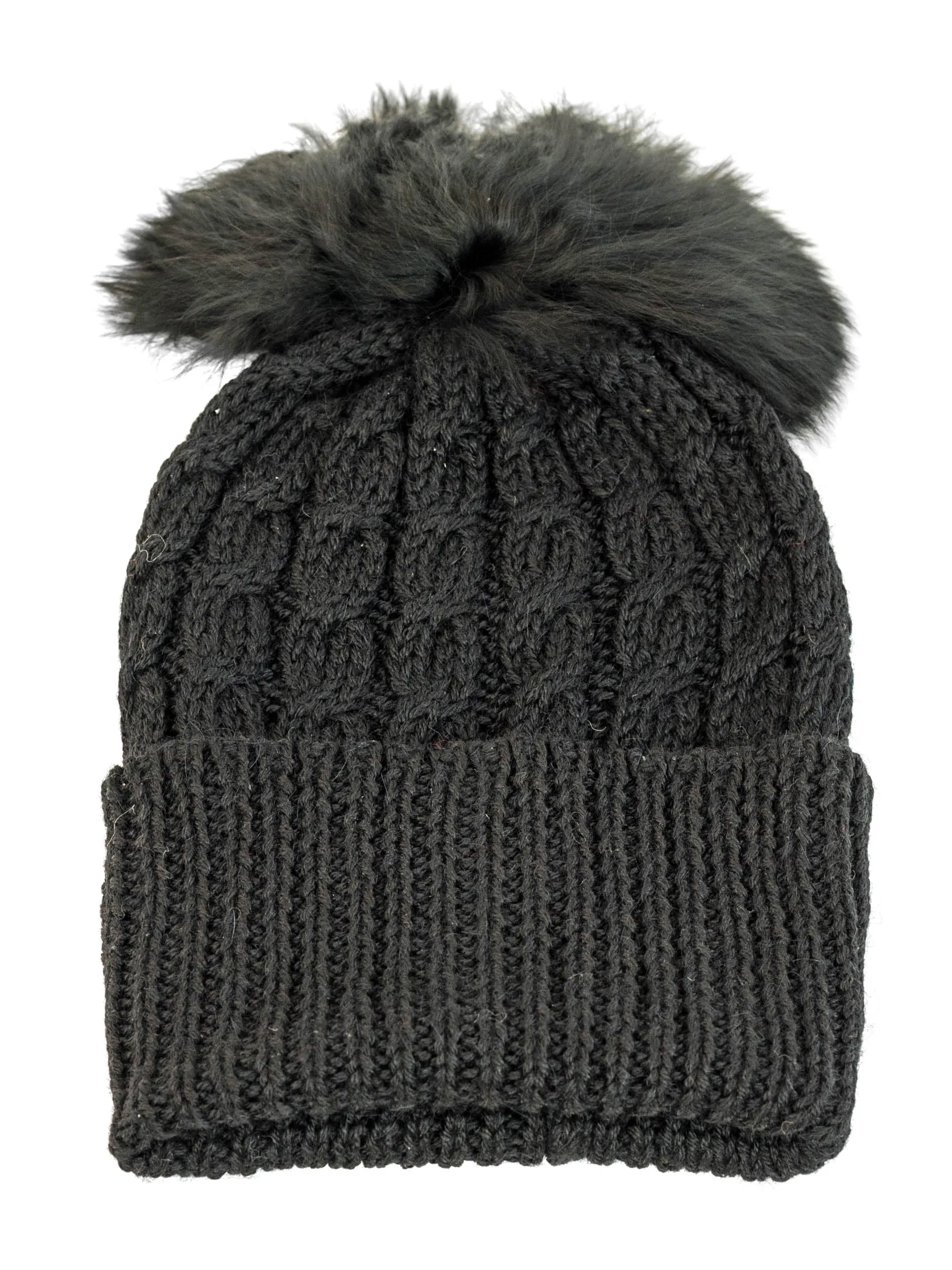 100% Alpaca Wool Skullcap with Pom Pom (Black)