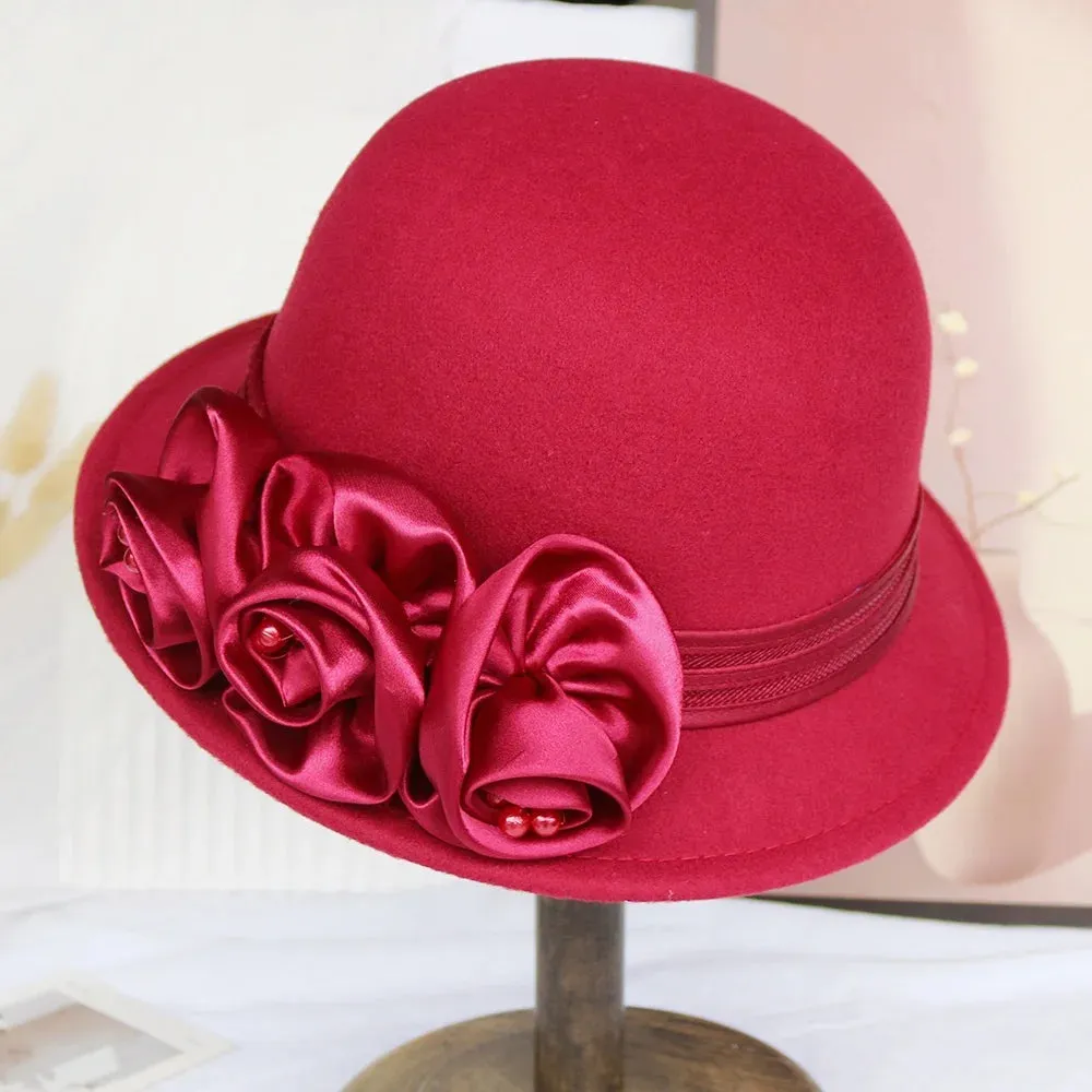 Autumn and winter new woolen top hat, women's British Hepburn style fisherman hat, rose flower elegant and fashionable versatile