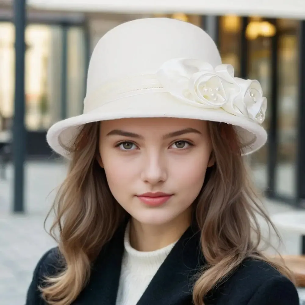 Autumn and winter new woolen top hat, women's British Hepburn style fisherman hat, rose flower elegant and fashionable versatile