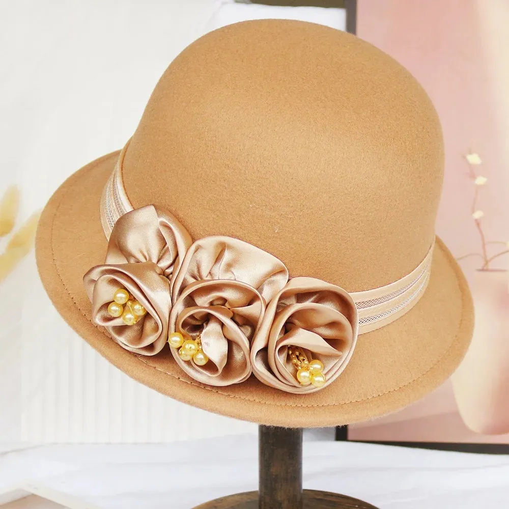 Autumn and winter new woolen top hat, women's British Hepburn style fisherman hat, rose flower elegant and fashionable versatile