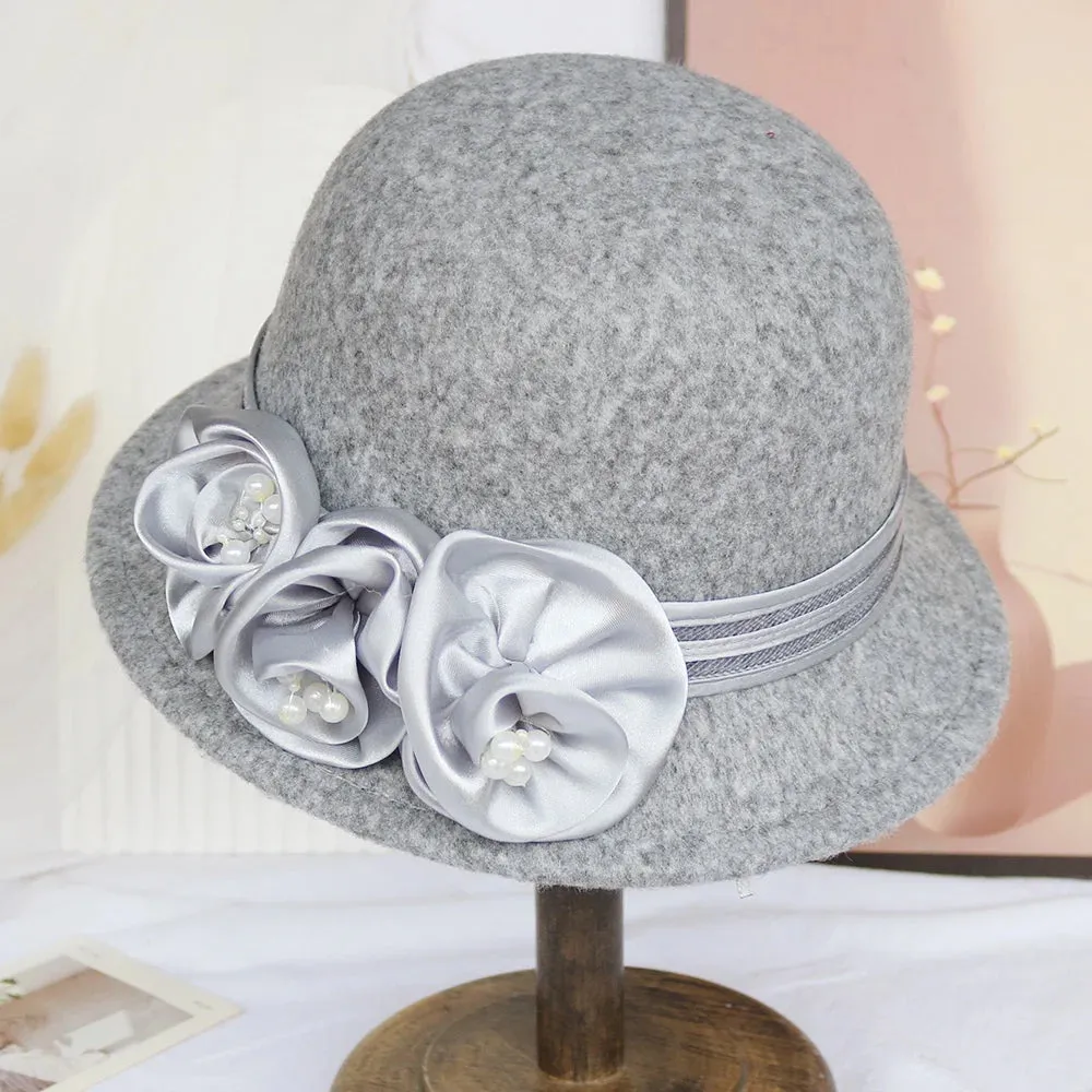 Autumn and winter new woolen top hat, women's British Hepburn style fisherman hat, rose flower elegant and fashionable versatile