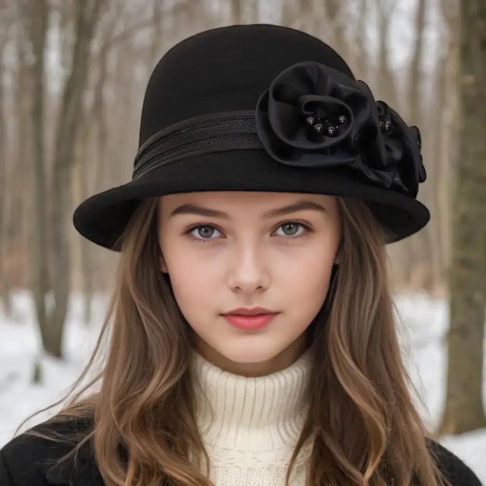 Autumn and winter new woolen top hat, women's British Hepburn style fisherman hat, rose flower elegant and fashionable versatile
