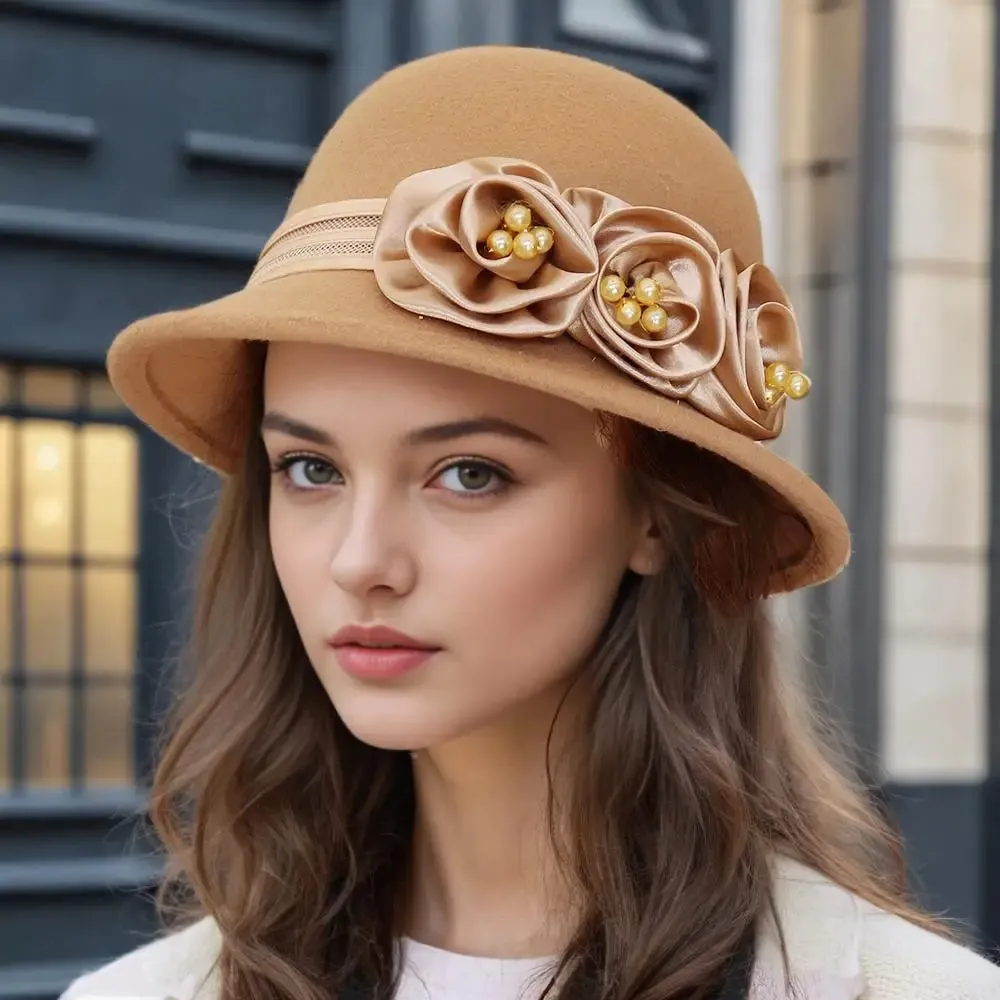 Autumn and winter new woolen top hat, women's British Hepburn style fisherman hat, rose flower elegant and fashionable versatile