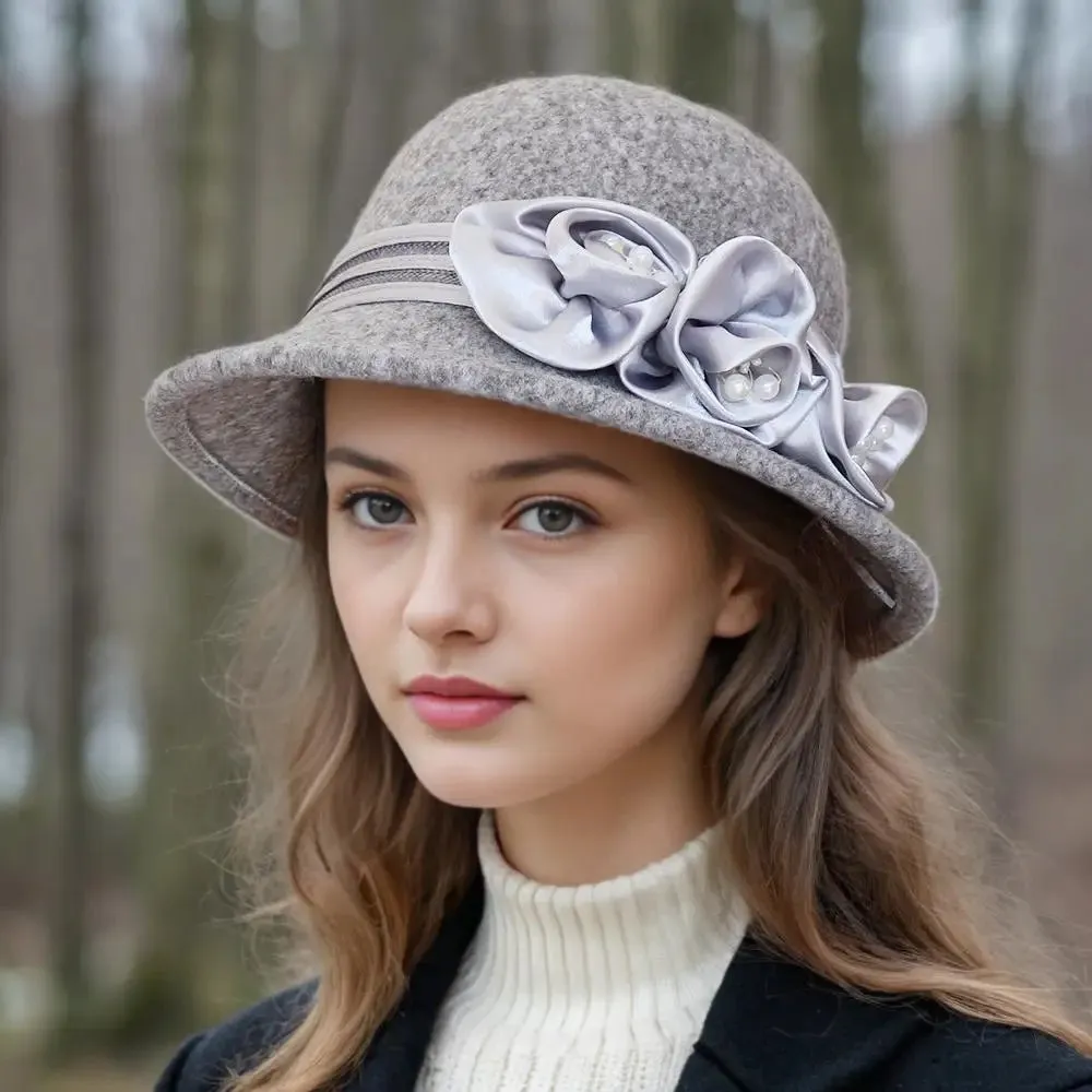 Autumn and winter new woolen top hat, women's British Hepburn style fisherman hat, rose flower elegant and fashionable versatile