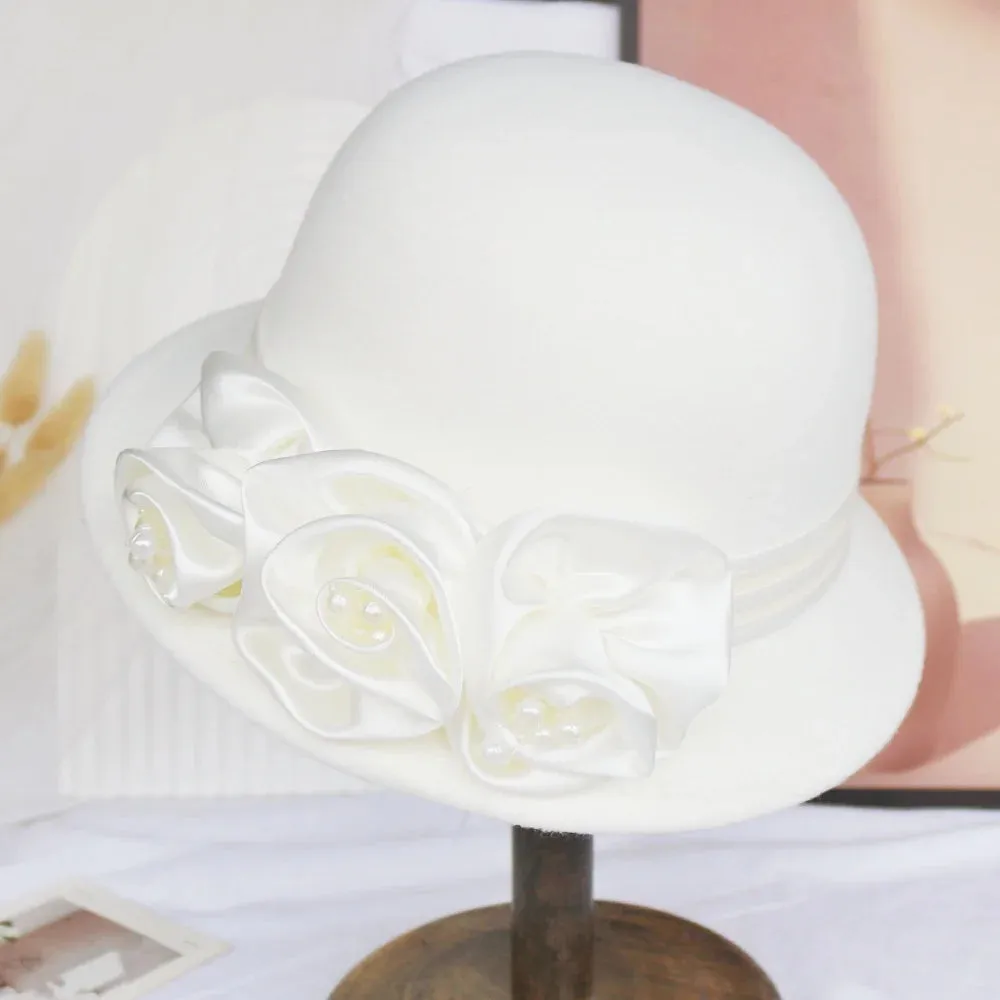 Autumn and winter new woolen top hat, women's British Hepburn style fisherman hat, rose flower elegant and fashionable versatile