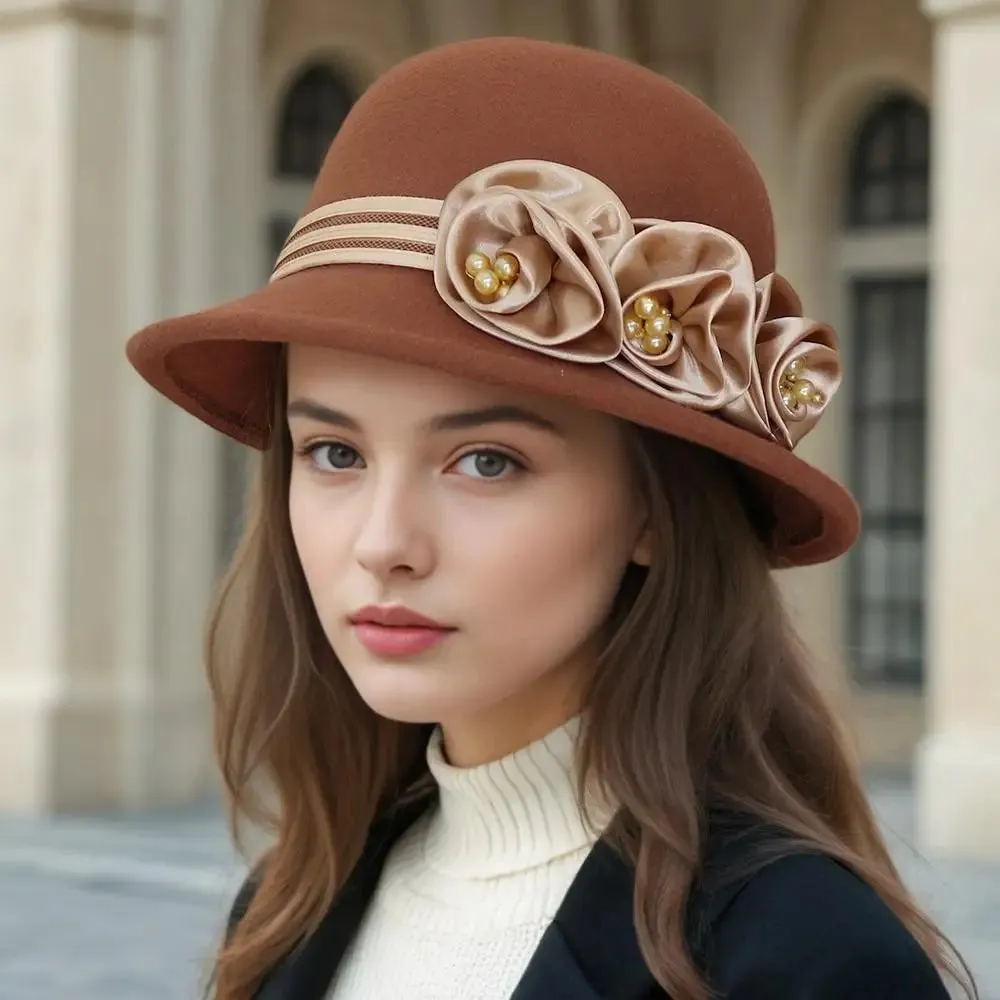 Autumn and winter new woolen top hat, women's British Hepburn style fisherman hat, rose flower elegant and fashionable versatile