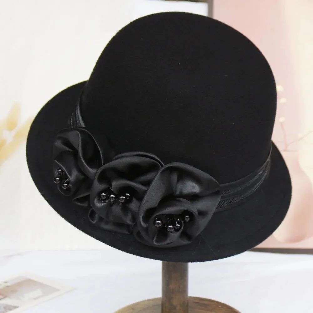 Autumn and winter new woolen top hat, women's British Hepburn style fisherman hat, rose flower elegant and fashionable versatile