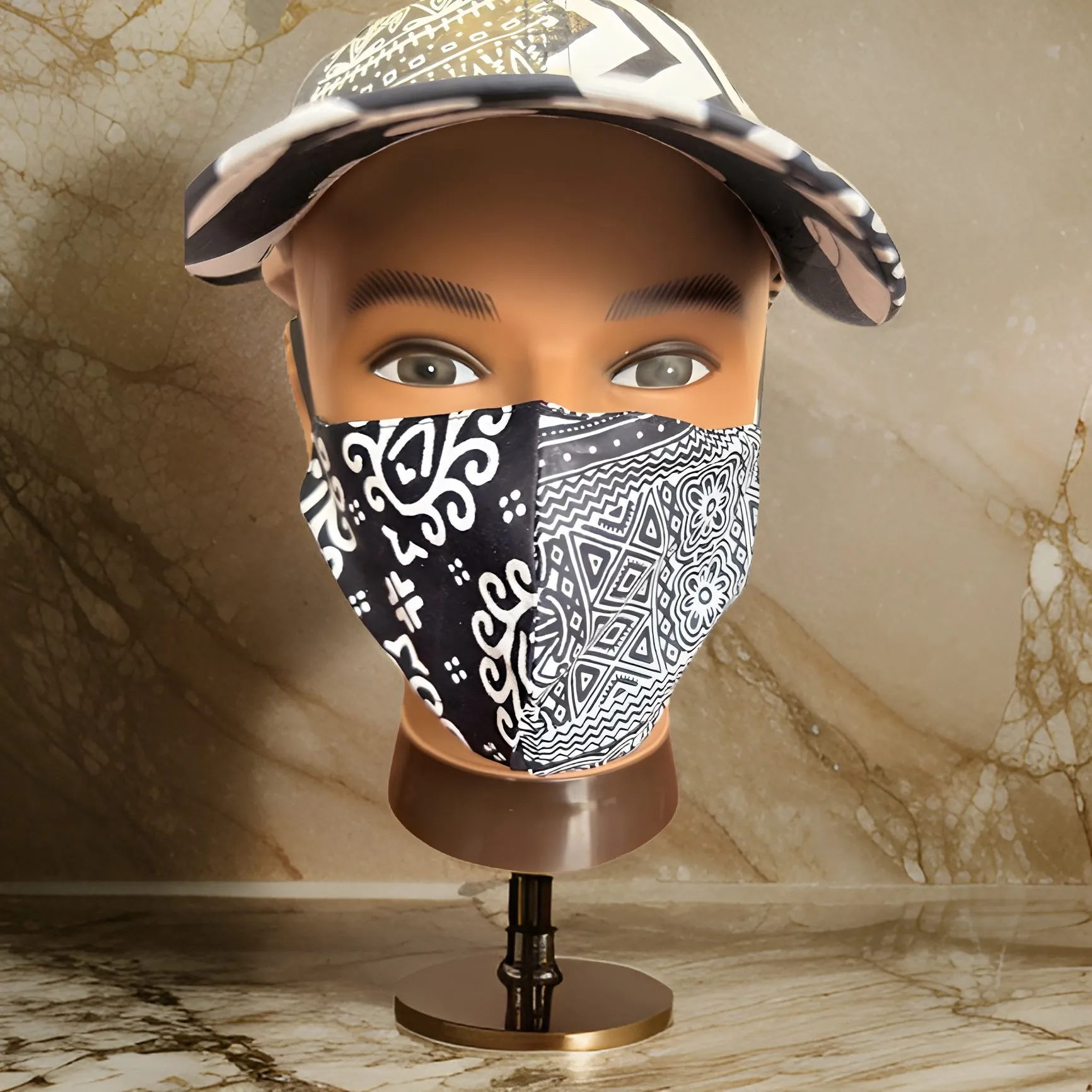 Black/White African Print Baseball Cap with Matching Mask