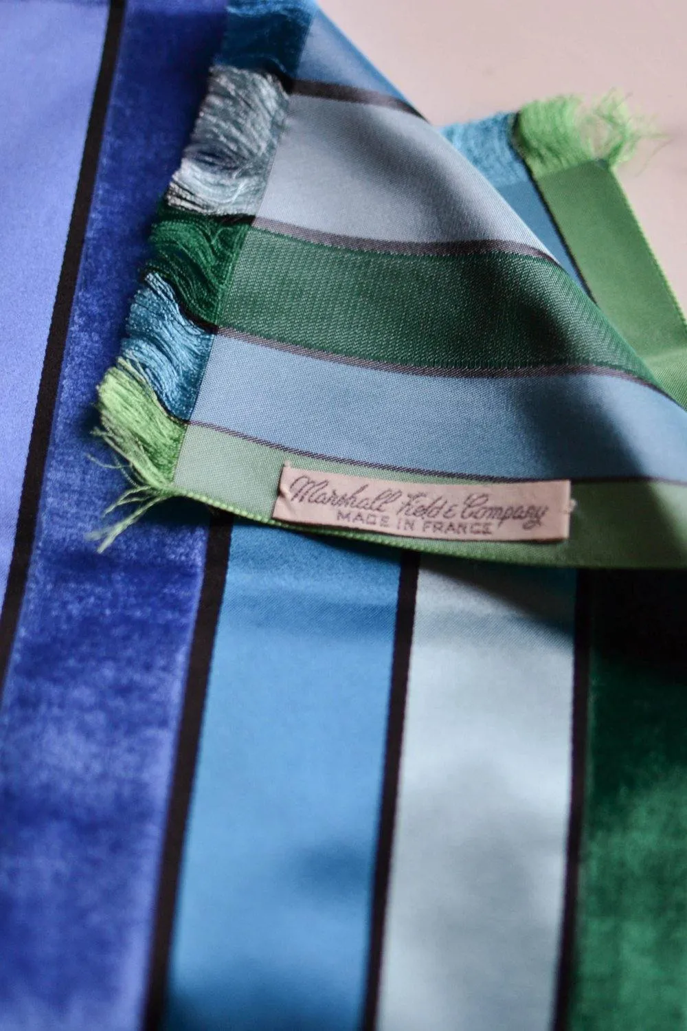 Blue and Green Striped Silk Scarf Made in France for Marshall Fields