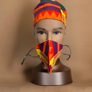 Bold Orange/Red Colorful Kente Print African Kufi Hat with Matching Mask
