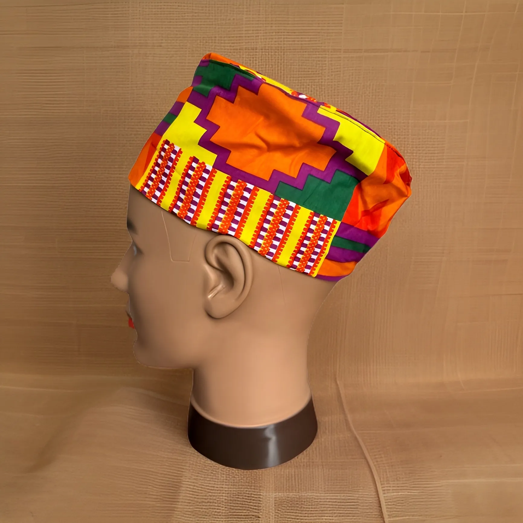 Bold Orange/Red Colorful Kente Print African Kufi Hat with Matching Mask