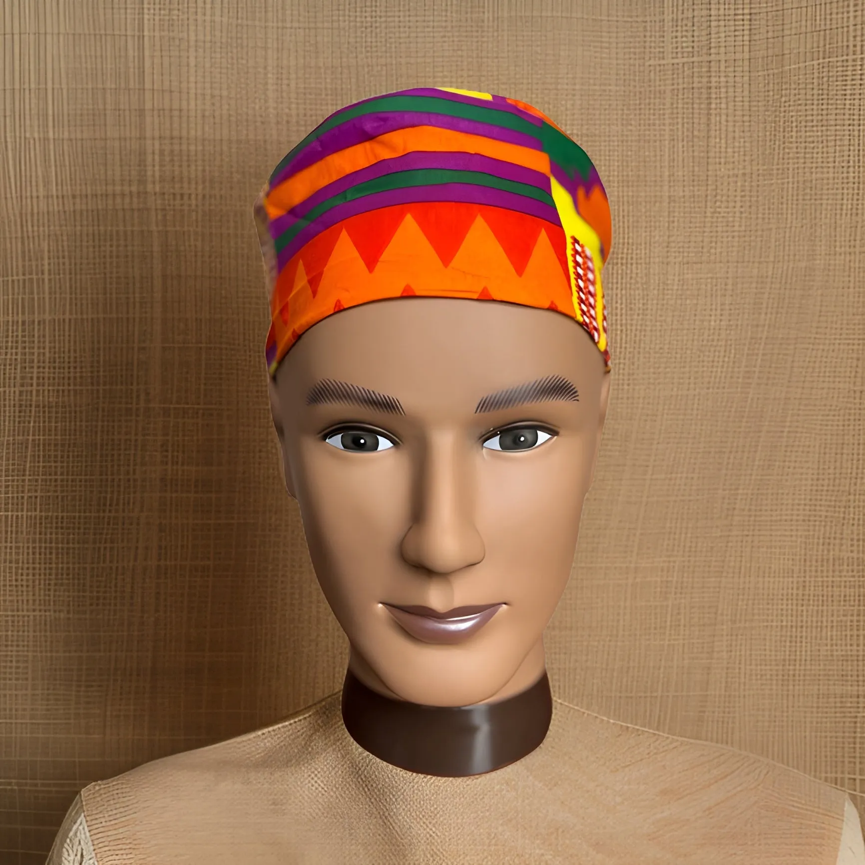 Bold Orange/Red Colorful Kente Print African Kufi Hat with Matching Mask