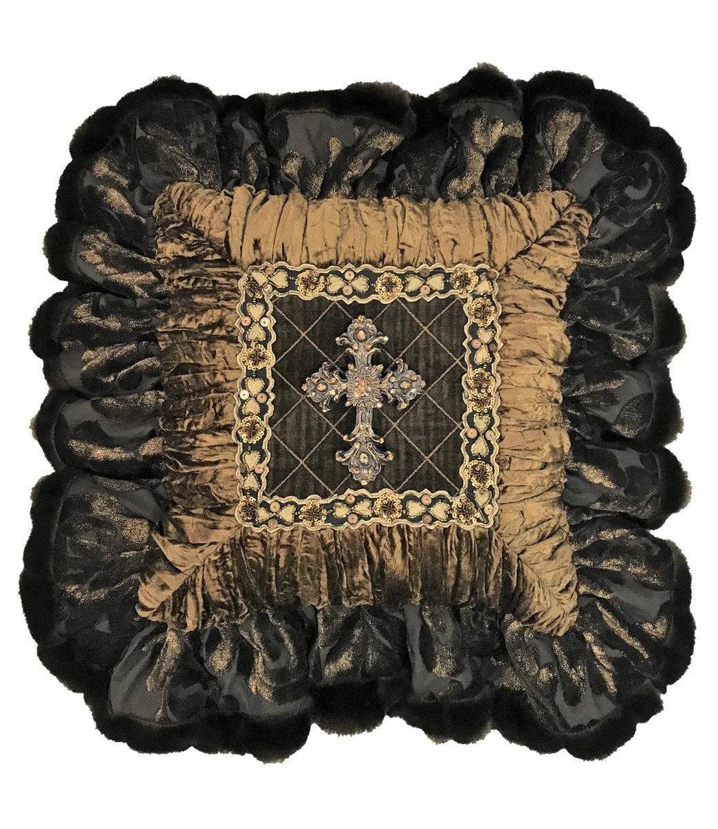 Decorative Pillow Chocolate Brown Ruffled with Jeweled Cross