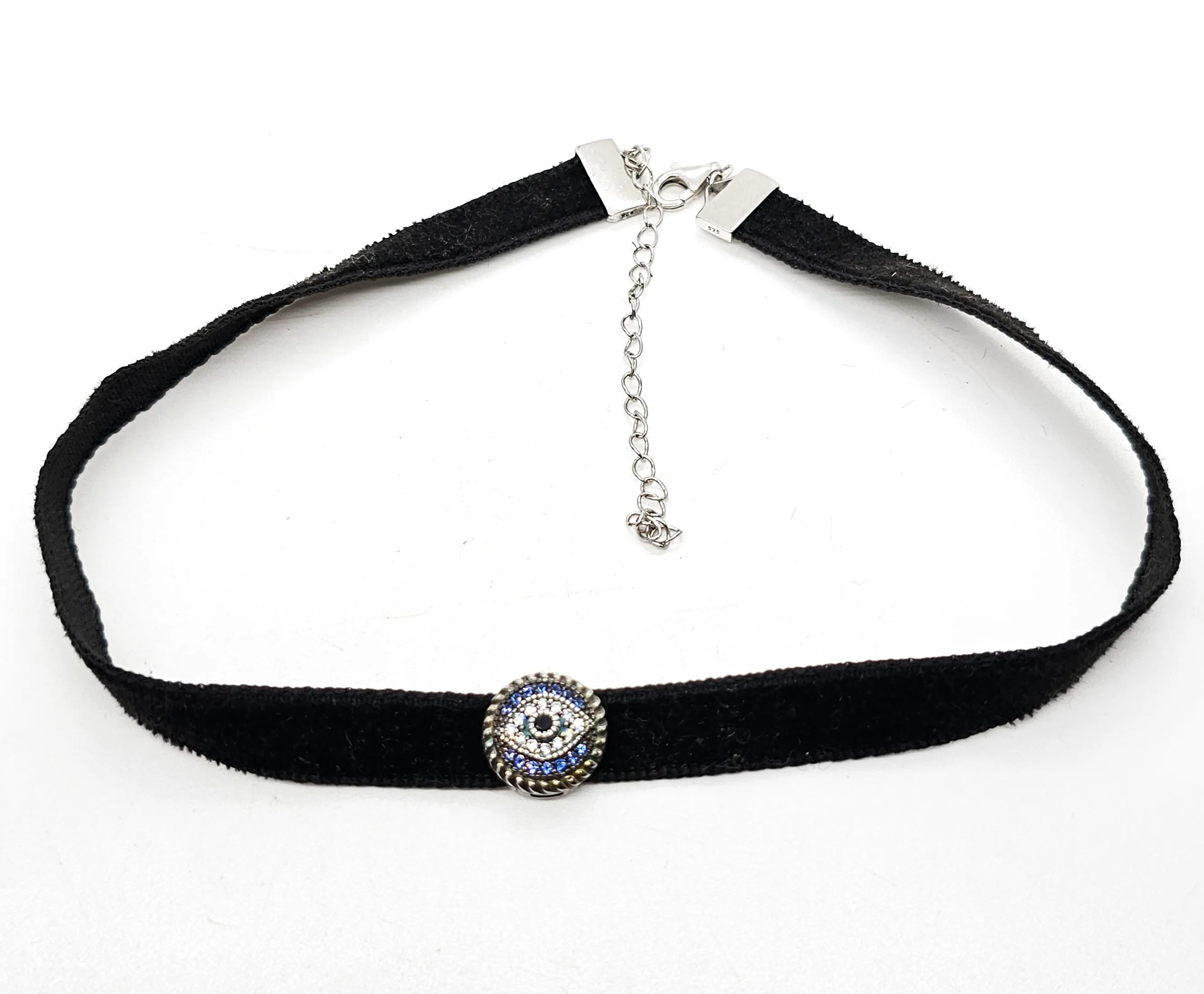 EJI Evil Eye Protection Swarovski Crystal sterling silver black velvet choker necklace