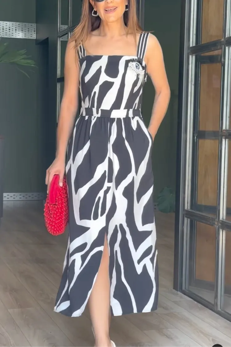 Fashionable hem slit suspender midi dress