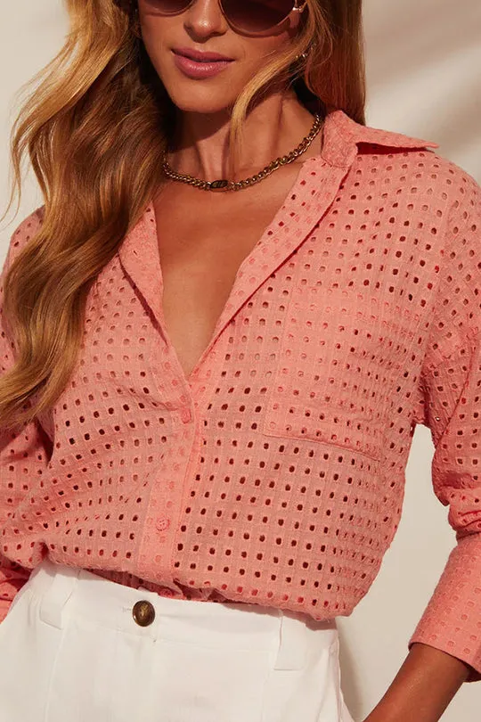 Fashionable Hollow Loose Button Pocket Shirt Top