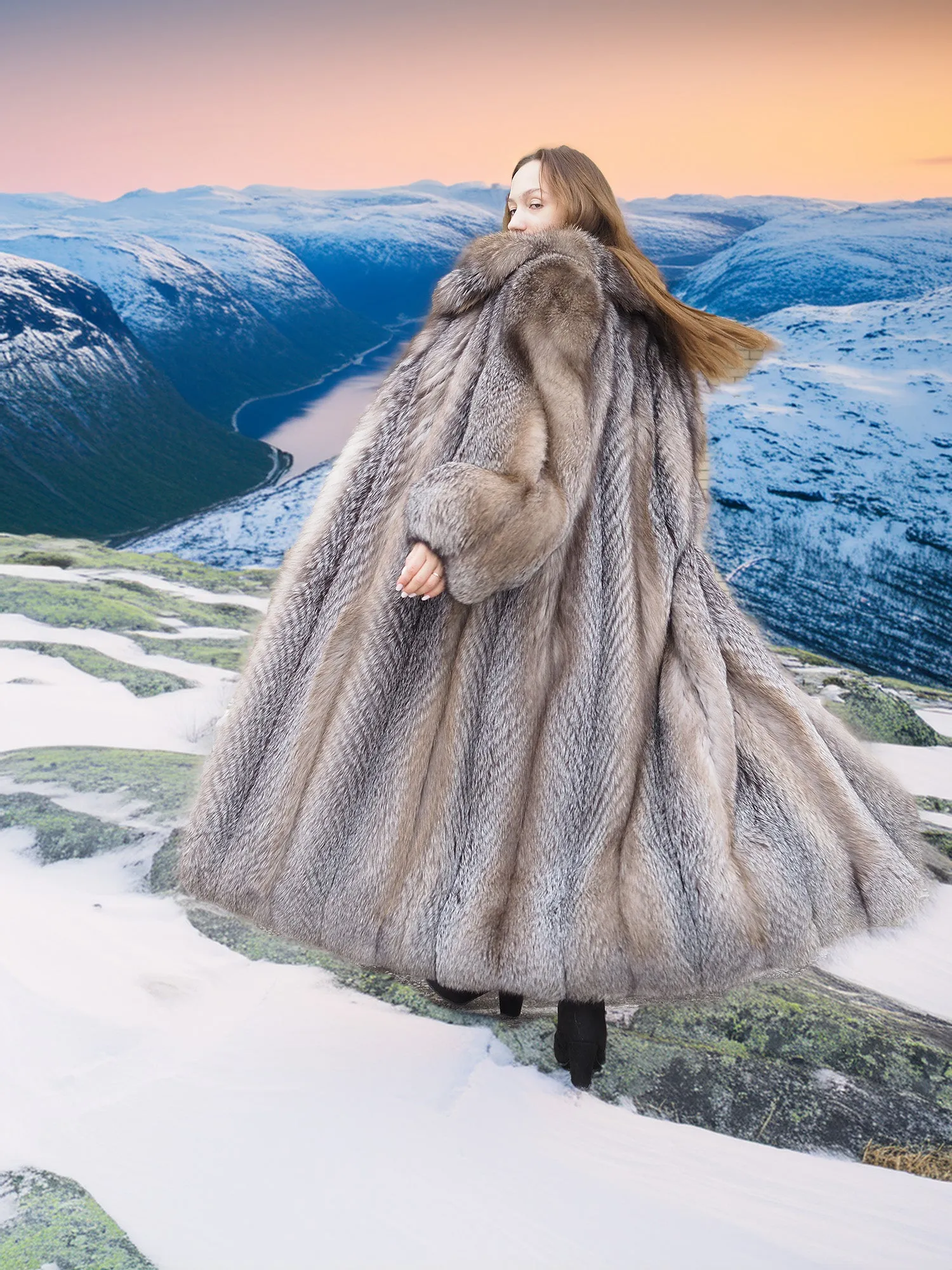 Silver Plush Soft Indigo Fox Fur Coat 50" Long M/L