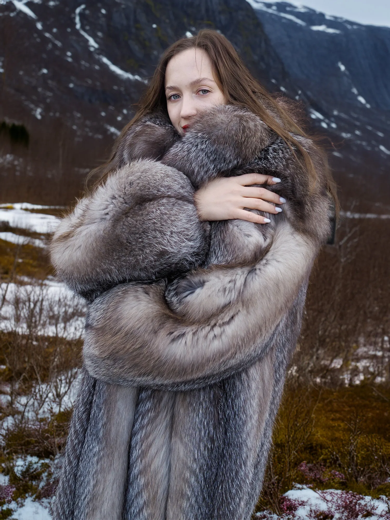 Silver Plush Soft Indigo Fox Fur Coat 50" Long M/L