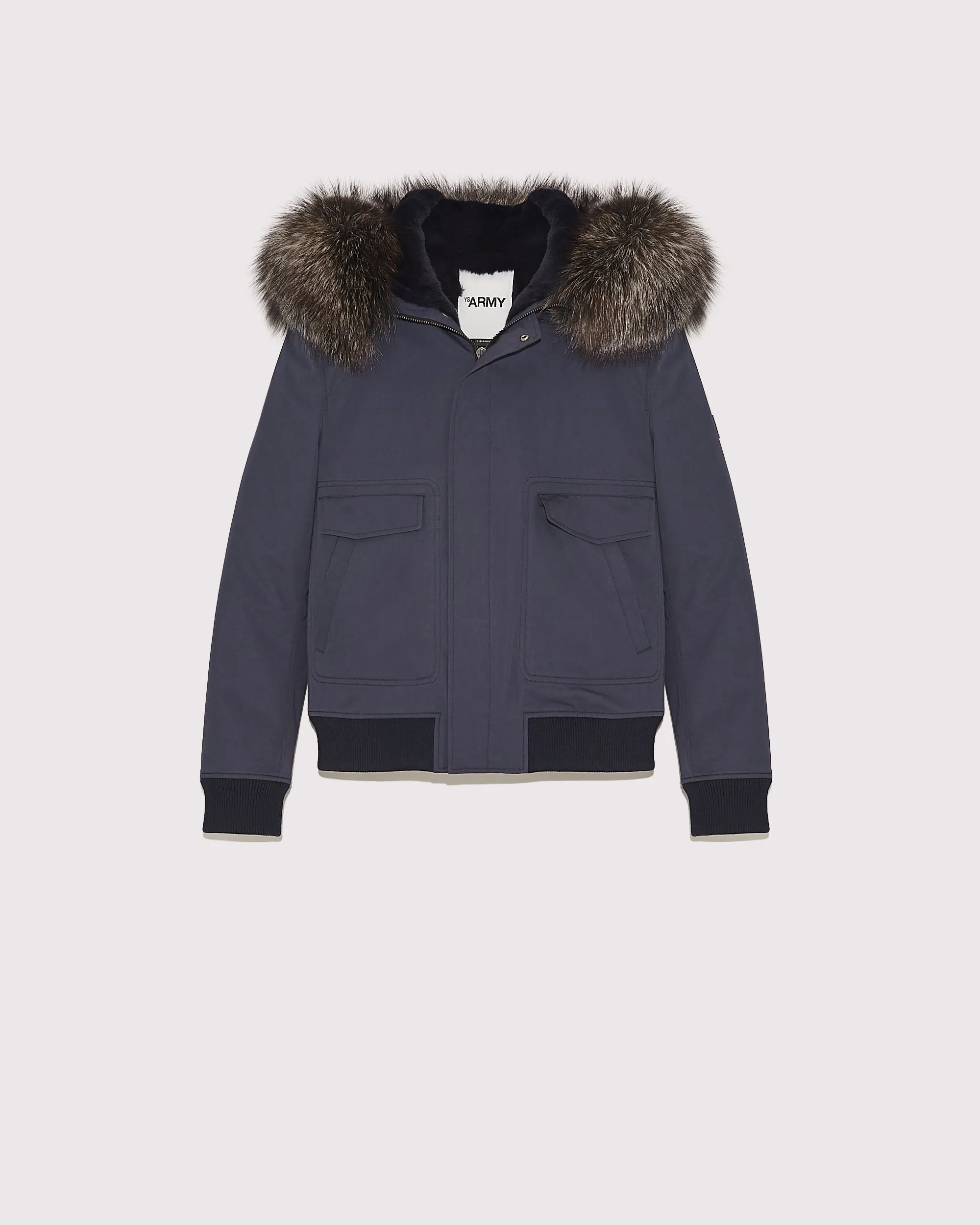 Technical cotton jacket with fox and rabbit fur