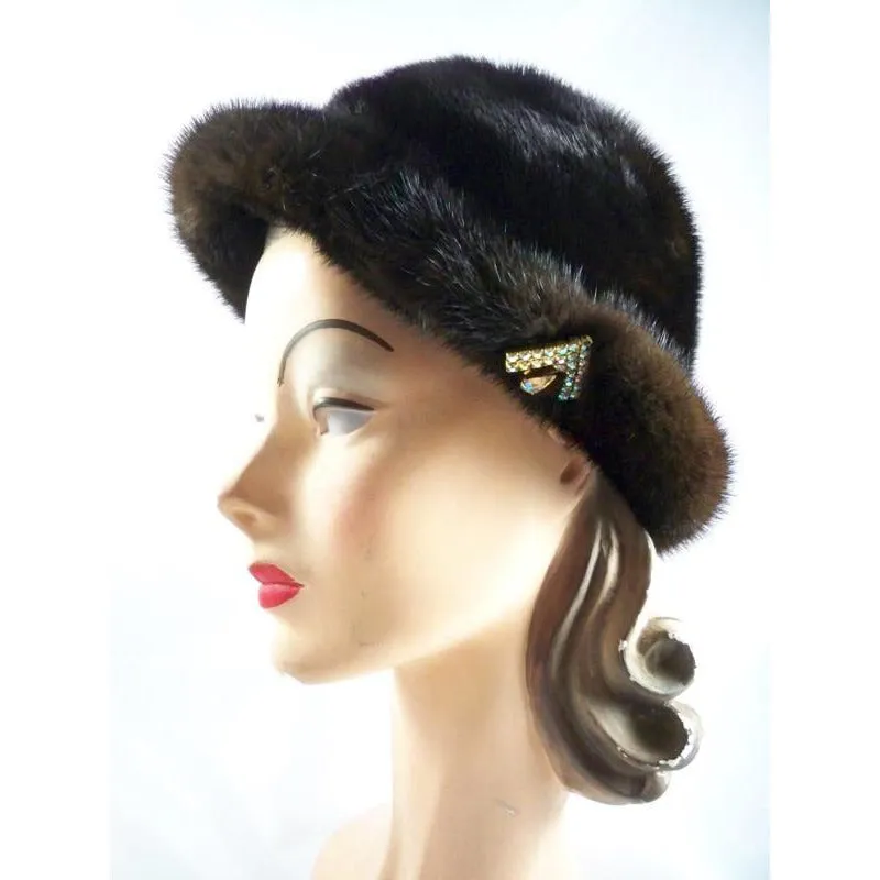 Vintage Darkest Brown/Black Mink Fur Brimmed Hat  1960s Arrow Ornament