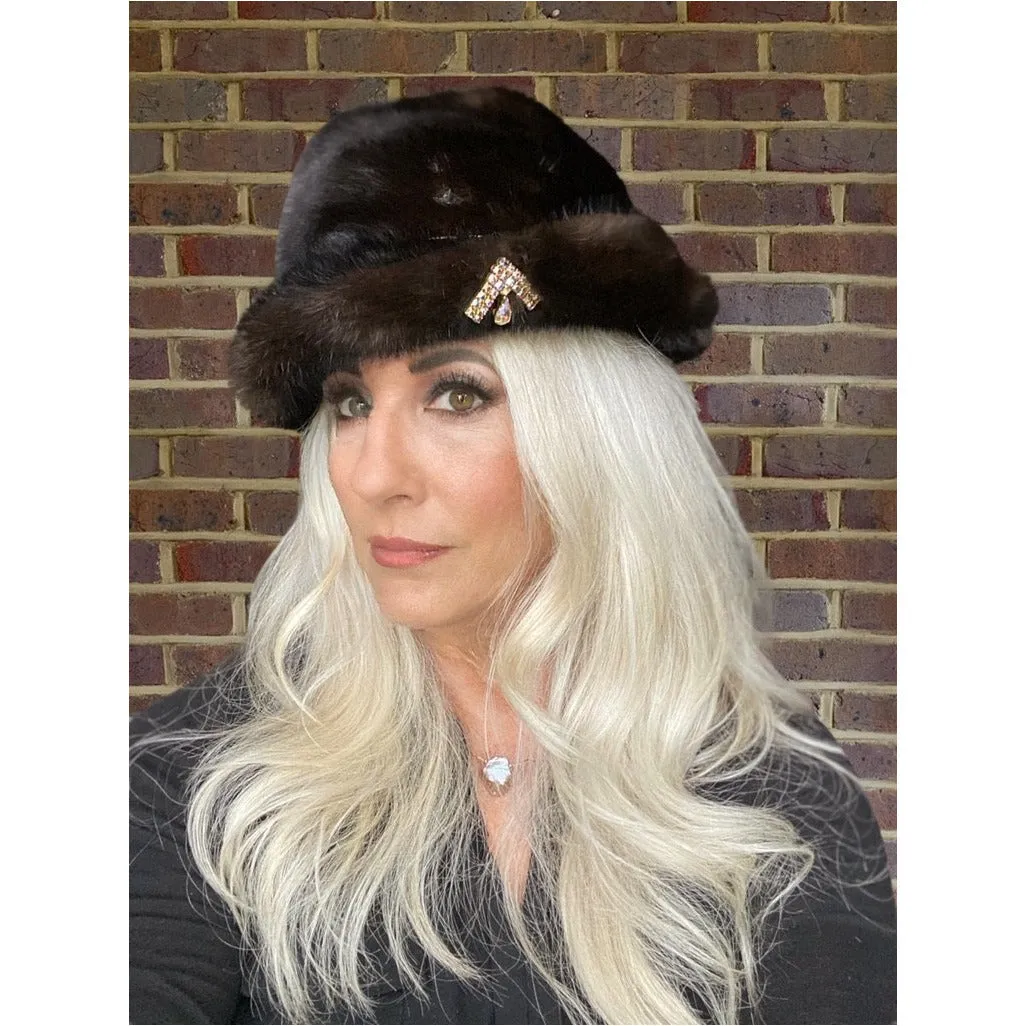 Vintage Darkest Brown/Black Mink Fur Brimmed Hat  1960s Arrow Ornament