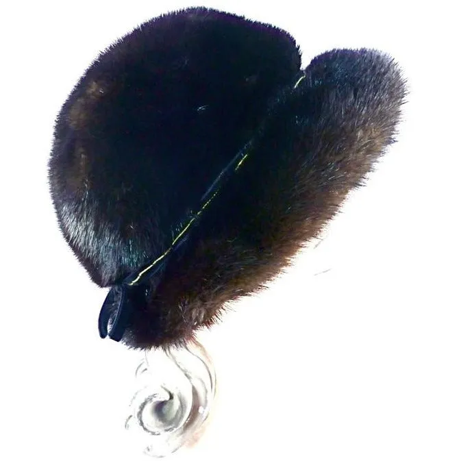 Vintage Darkest Brown/Black Mink Fur Brimmed Hat  1960s Arrow Ornament