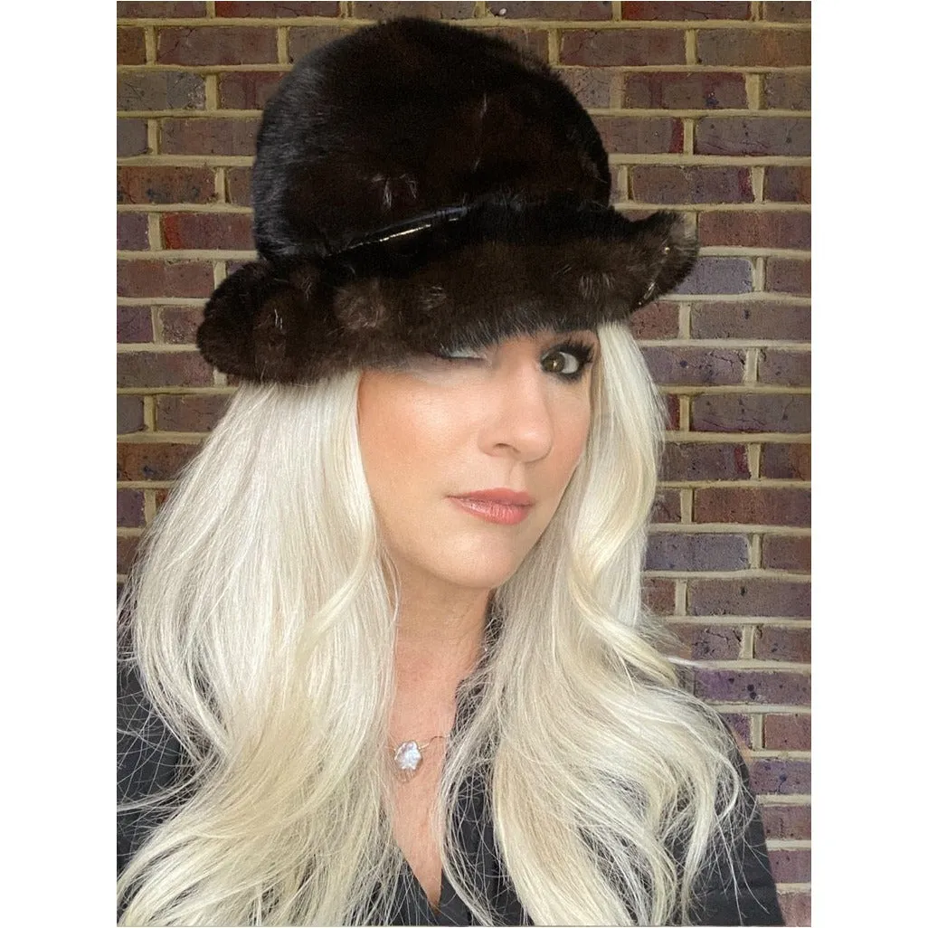 Vintage Darkest Brown/Black Mink Fur Brimmed Hat  1960s Arrow Ornament