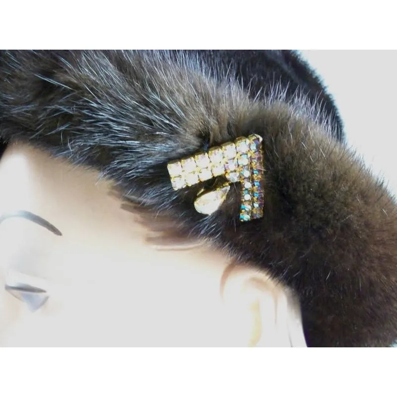 Vintage Darkest Brown/Black Mink Fur Brimmed Hat  1960s Arrow Ornament