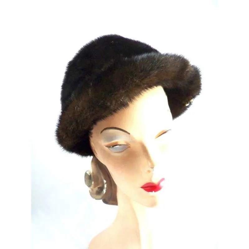 Vintage Darkest Brown/Black Mink Fur Brimmed Hat  1960s Arrow Ornament