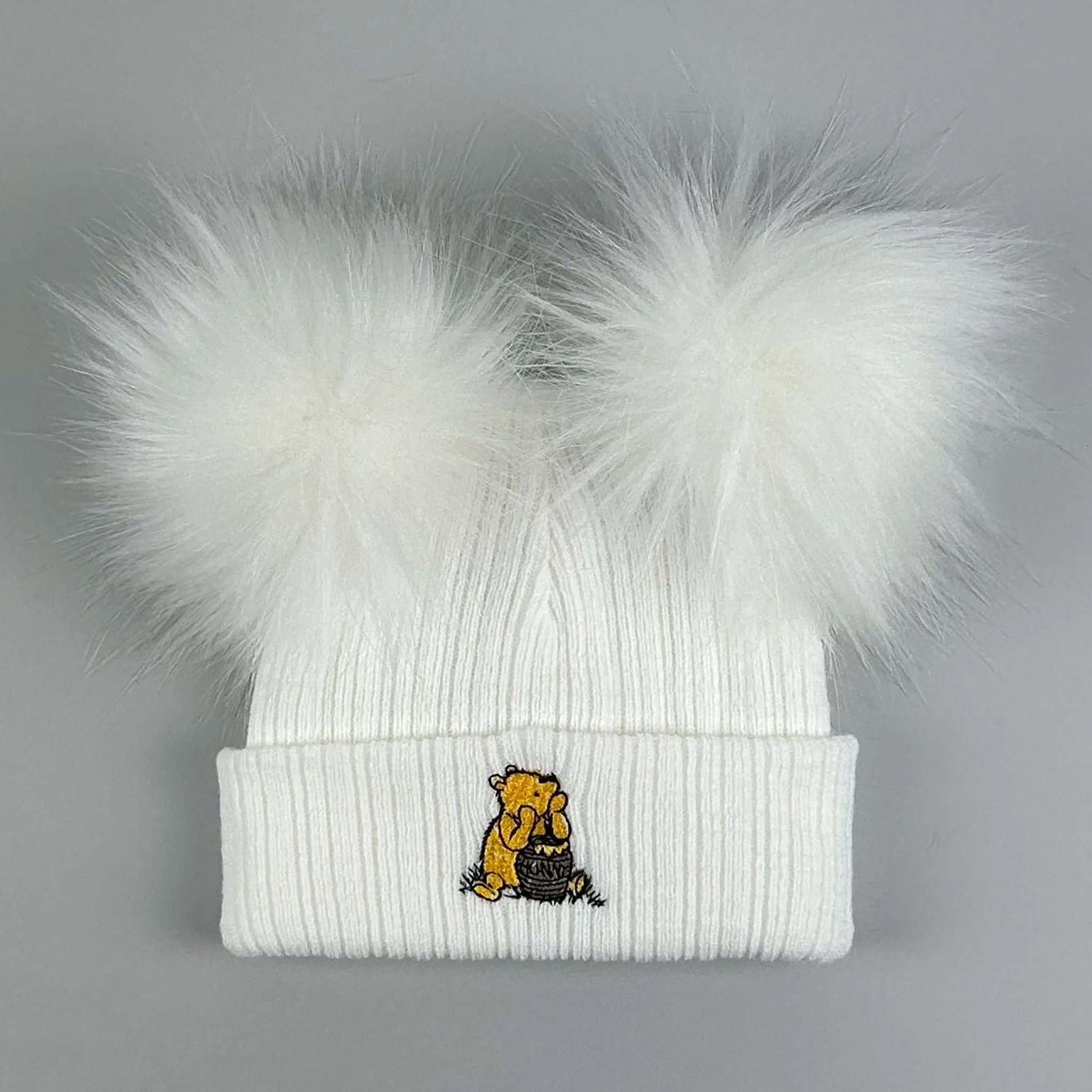 White Faux Fur - 2 Pom Pom Hat - Unisex with Bear