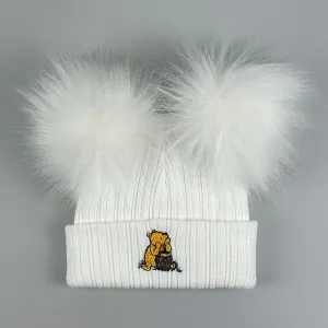 White Faux Fur - 2 Pom Pom Hat - Unisex with Bear